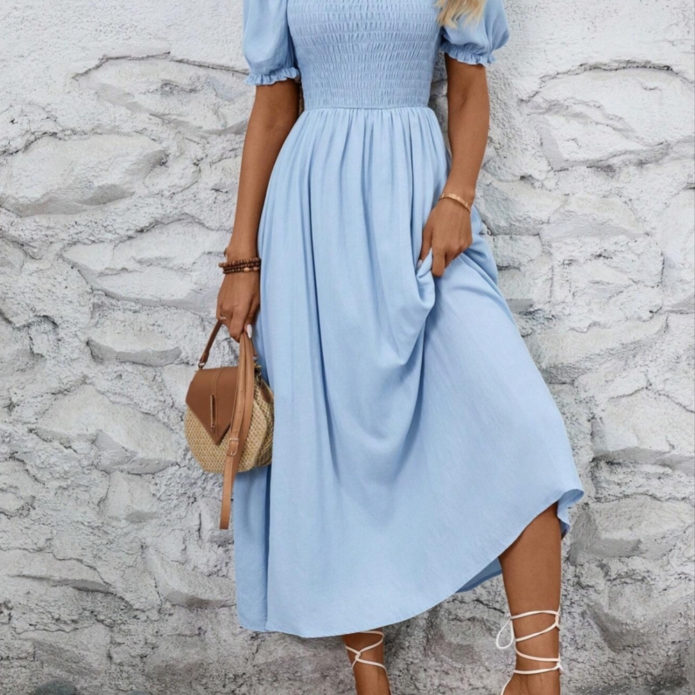 Shein Lune Light Blue Smocked Bodice Dress - Picture 2 of 9